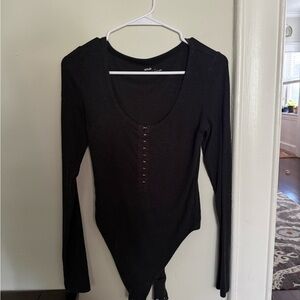 Aerie Black Fitted Bodysuit with Buttoned Tie Front